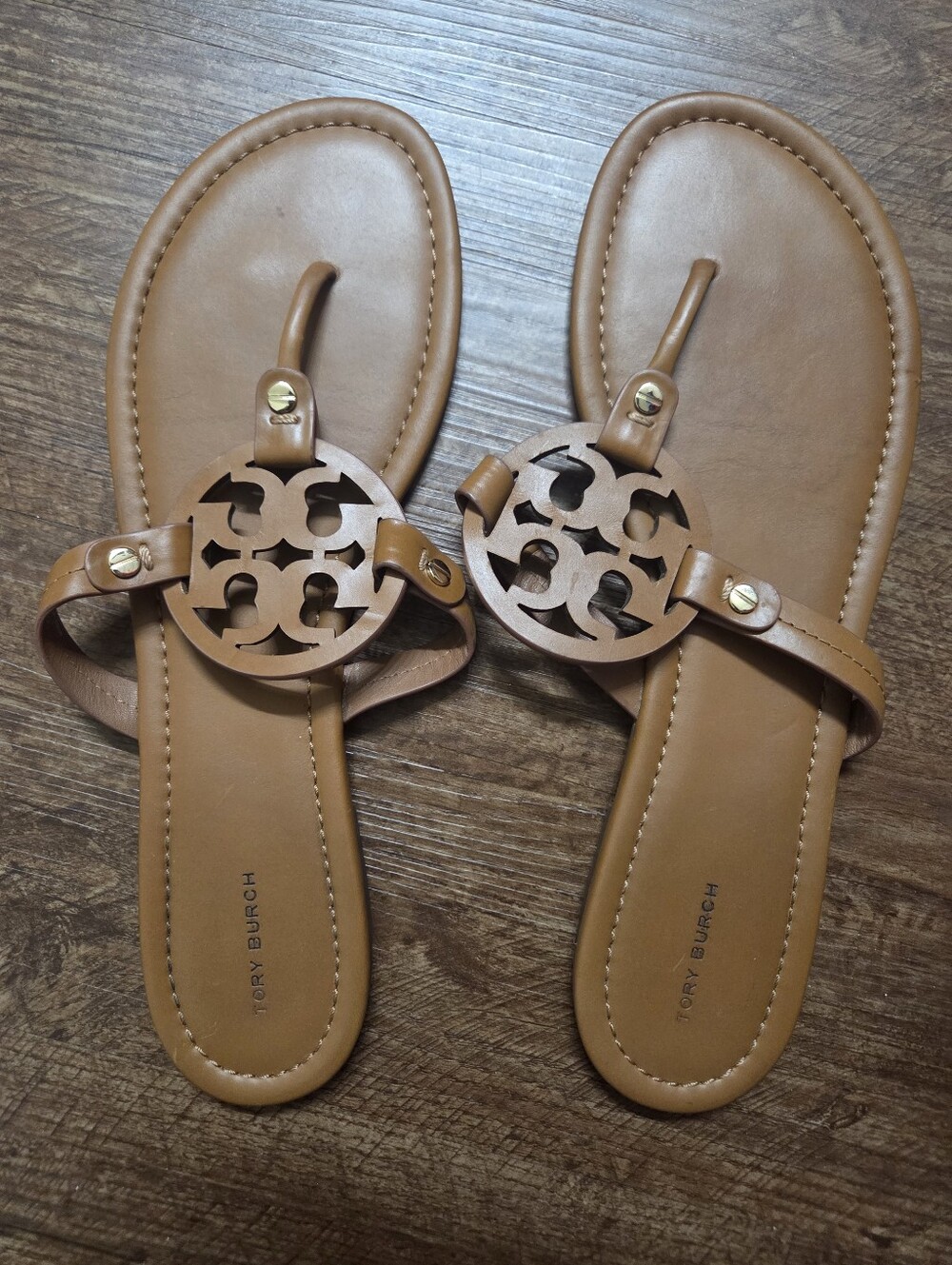 Tory Burch Tan Leather Logo Thong Sandals